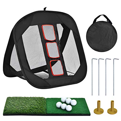 SUNHOO Pop-up Golf Chipping Net with Dual Turf Hitting Mat, Practice Golf Ball