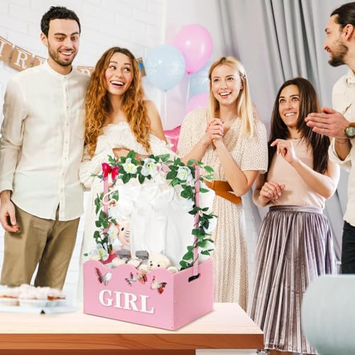 Image of Suzile Baby Shower Basket Wooden Crate Closet Storage with Handle Baby Registry Hamper Pregnancy Gift for New Parent(Butterfly,Pink)