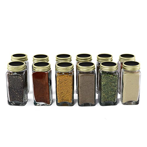 Nellam French Square Glass Spice Jars – Set of 12 with Shaker Lids and Chalkboard Sticker Labels, Small 4oz Bottles - Stackable Herbs and Spices Containers - Decorative Organizers in Gold