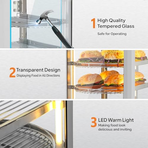 Image of ROVSUN 3-Tier Food Warmer Pizza Warmer Countertop, Commerical Food Warmer Display with LED Lighting Removable Shelves Glass Door, Pretzel Warmer for Buffet Restaurant Cafe, 110V 800W