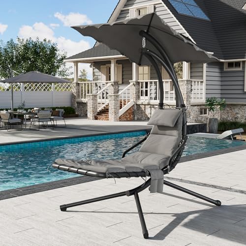 LuyFuitre Hanging Chaise Lounge Swing Chair, Hanging Curved Chaise Lounge Chair Umbrella, Curved Steel Hammock Lounger Chairs for Outdoor Indoor Patio Pool Garden Backyard Porch