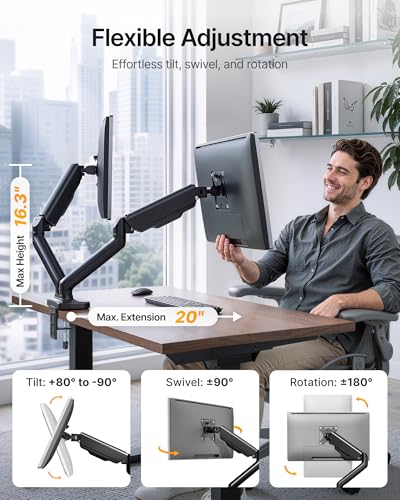 Image of monTEK Dual Monitor Arm with USB Ports for 17-32 inch Screen up to 19.8 lbs | Mechanical Spring, Full Motion Dual Monitor Mount, Flat /Curved Screen, USB /Audio Ports, Steel, Clamp /Grommet, VESA 75 /100mm