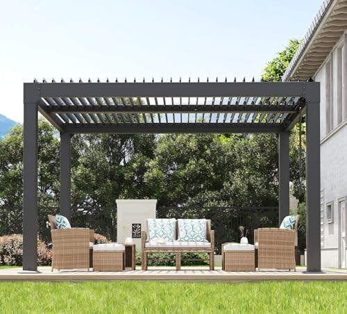 Image of 10X12 FT Louvered Pergola with Adjustable Roof, Integrated Drainage System, Easy Installation, Outdoor Pergola for Backyard, Garden, Poolside, Hardtop Gazebo