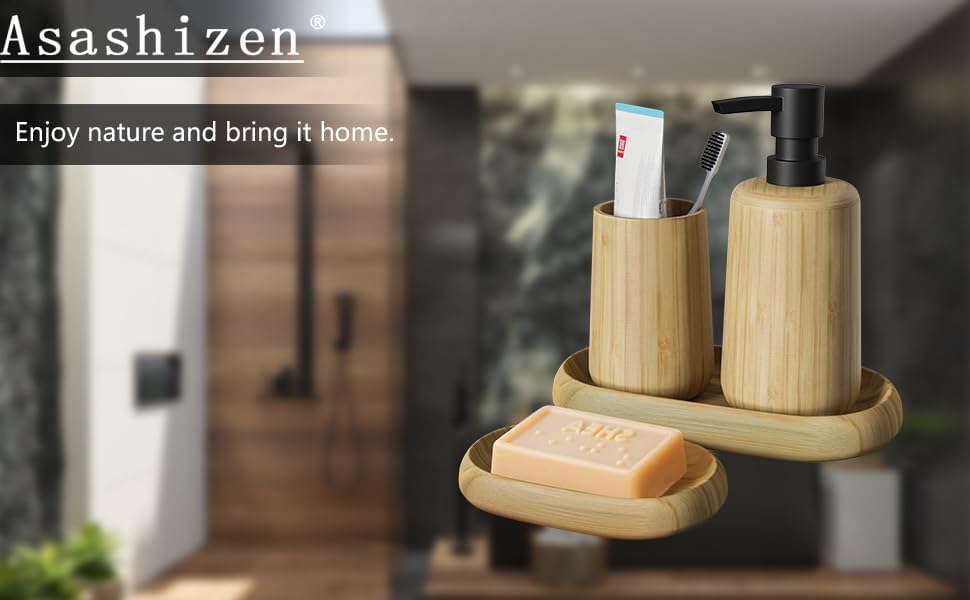 Bathroom Accessory Sets, 4PCS - Bamboo Soap Dish, Soap Dispenser, Tray, Mouthwash Cup for Home Office Hotel - Image 9