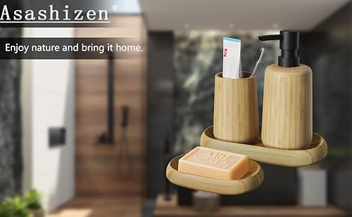 Asashizen Retro Bambus Badaccessoires Set, 4-teilig, Seifenschale, Seifenspender, Tablett, Mundspülbecher für Zuhause, Büro, Hotel, Badezimmer-Zubehör-Set