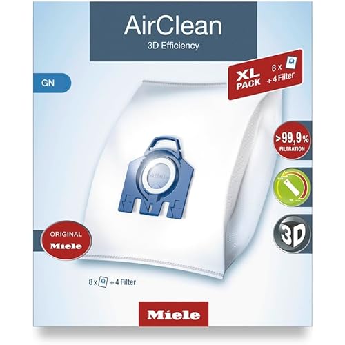 Miele Original AirClean 3D Efficiency GN Vacuum Cleaner Bags for Miele Complete C2/C3, Classic C1, and S8/S5/S2 Models, Filters More Than 99.9% of Dust, XL Pack of 8 – 10455150