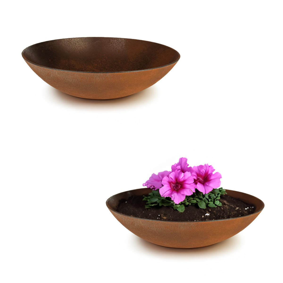 matches21 - Macetas para exteriores resistentes a la intemperie - 2 cuencos decorativos grandes en aspecto de metal oxidado como cuencos para flores - cuencos planos de jardín de 28 cm para flores,
