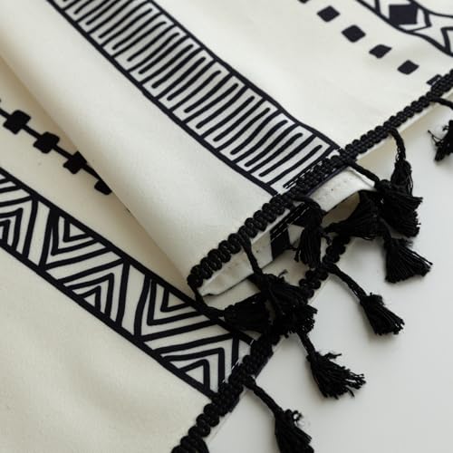 Image of Black Geometric Curtains 54 Inches Long, Boho Farmhouse Light Filtering Rod Pocket Drapes with Tassel Trim for Bedroom Living Room, 2 Panels