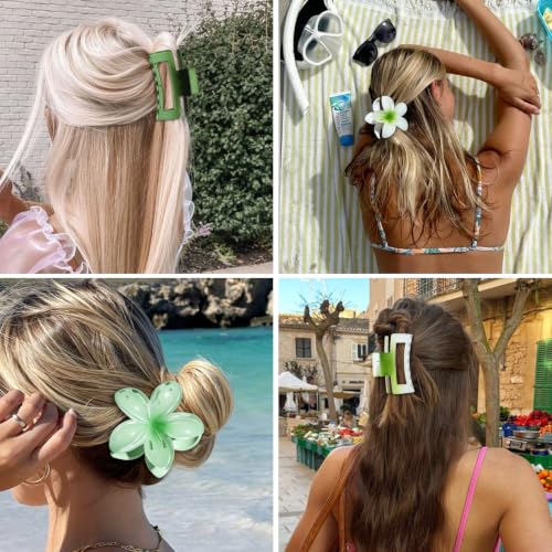 Flower Hair Clips for Women Square Claw Clips for Girls 2 Styles Hair Claw Clips for Thick or Thin Hair 6 PCS Hawaiian Hibiscus Rectangle Large Plumeria Medium Hair Accessories for Women (Green) — view 5