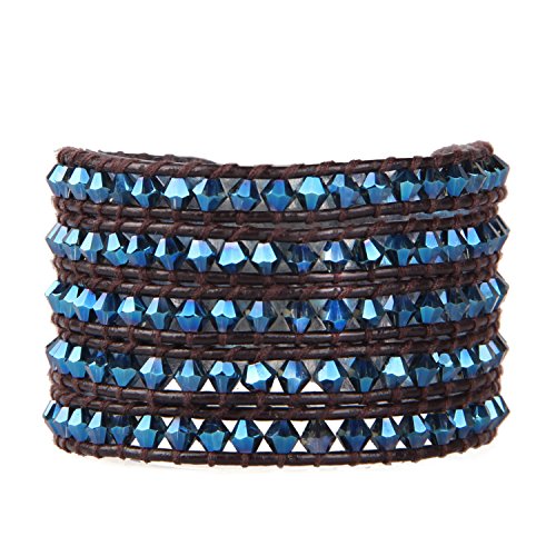 Pulsera de cuero natural hecha a mano con cuentas de cristal azul