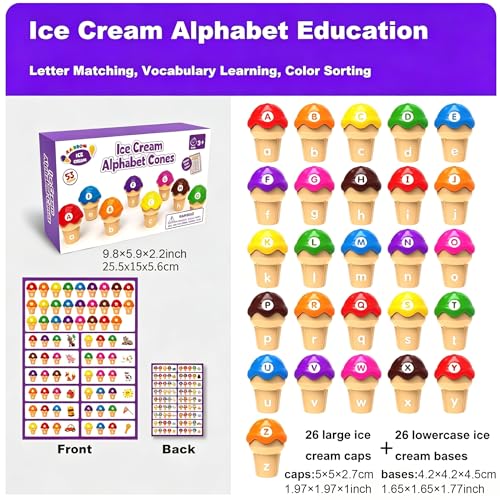 Image of Ice Cream Alphabet Cones Matching Toy,ABC Letter Matching and Color Sorting Learning Educational Game with Word List Uppercase Lowercase Recognition,Preschool Montessori Activities for Kids 3+