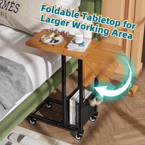 Image of Simple Trending C Shaped End Table, Folding TV Tray Couch Side Table for Sofa on Wheels, Black