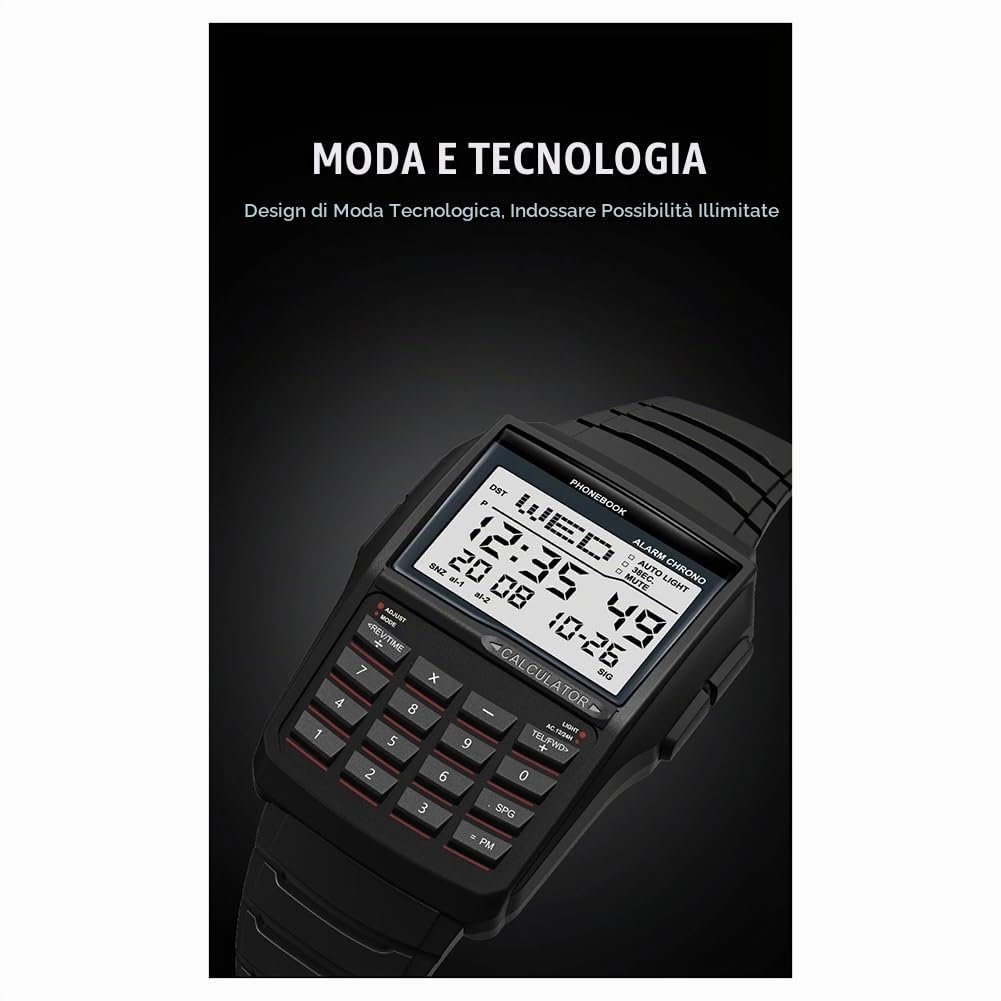 Orologio Digitale Multifunzione con Calcolatrice, Stile Computer, Resistente all'Acqua.