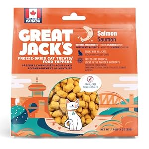 Great Jack’s Cat Treats Pouch Freeze-Dried Topper Salmon Snacks Omega 3 Cat Treats for Your Furry Friends 3 OZ / 85G