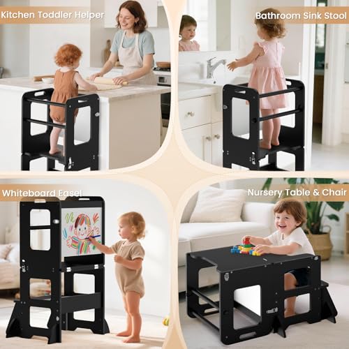 Image of Woodure 4-in-1 Toddler Kitchen Step Stool, Learning Standing Tower with Whiteboard, Wooden Kitchen Stool Helper for Kids, 1-3 Year Old Boy Girl Gifts-Black