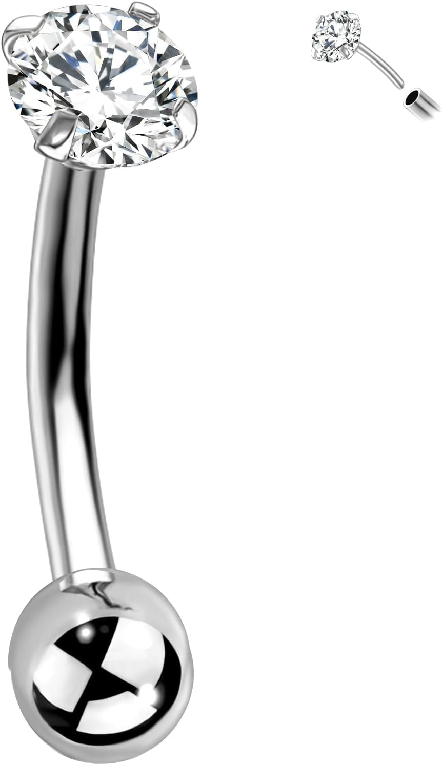 G23 Titanium Threadless Top in Curved Barbell Ring 16G, Eyebrow Rings, CZ, Rook Cartilage Earring, 8mm Vertical Labret, Daith, Helix Piercings Body Jewelry Sliver