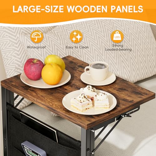 Image of Folding TV Tray Table, 28.8 inch Tall C-Shaped Side Table for Couch and Bed, Slide Under Sofa Side Desk with Storage Bag - Sturdy Metal Frame Tray for Living Room, Bedroom, Home & Office (Rustic Brown)