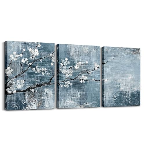 3 Piece Garden Floral Canvas Wall Art for Bedroom Living Room, Plum Blossom Wall Art Gray Blue Ombre Graffiti Painting Wall Decor, Painted Flower Oil Painting Modern Abstract Style Poster Prints