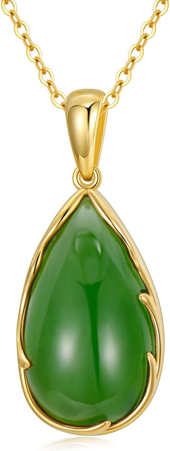 Blocaci 14K Gold Natural Jade Necklace for Women Real Gold Present for Her, Jewelry Gifts for Mother Wife Girlfriend, 16"-18"