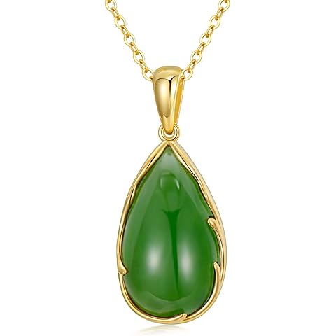 Blocaci Jade Necklace 14K Gold Green Jade Pendant Teardrop Necklace for Women 16