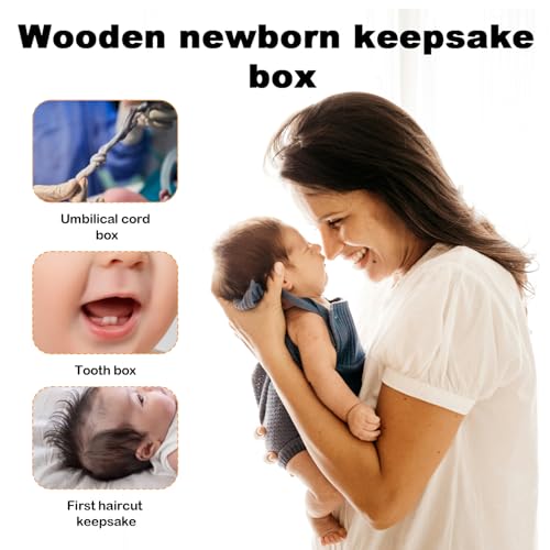 BOXOB Nabelschnur Gedenkbox, Gravierte Runde Zahnbox aus Holz Neugeborene Aufbewahrungsbehälter für Fetales Haar für Babyparty Schwangerschaft Taufe Geschenk