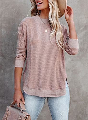 Dokotoo Womens Ladies Cute Winter Waffle Solid Oversized Sweatshirts Vintage Casual Crewneck Long Sleeve Fall Shirts Side Split Spring Pullover Blouse Tops Lightweight Sweaters Pink Us(4-6) S #TOP6