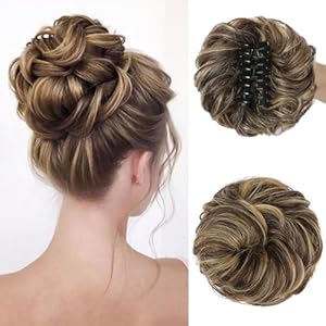 YOGFIT Claw Clip Messy Bun Hair Piece Real Human Hair Buns Hairpieces for Women Wavy Curly Chignon Hair Bun Extensions Tousled Updo Hair Buns Claw Clip (Medium Brown with Highlights)