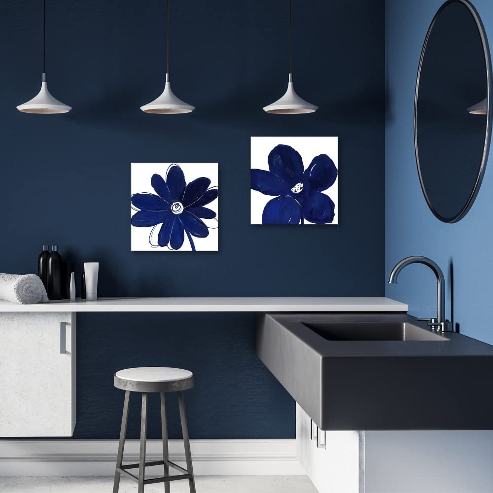 Creoate Navy Blue Wall Art for Bathroom Decor, 2 Pieces Abstract Flower Painting Canvas Print Artwork Framed Set Blue and white Wall Decor for Bedroom, Small, 12x12 Inch