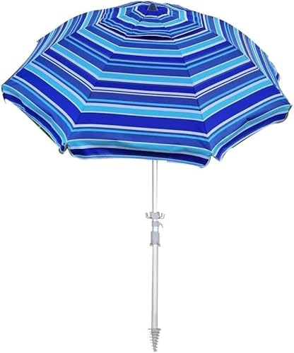 Beach Umbrella with Sand Anchor, Heavy Duty Outdoor Portable Beach Umbrella for Sand with Tilt Pole and Carry Bag, Outdoor Wind and Sun Shade Umbrella, for Patio Garden Pool Backyard Stripe Blue