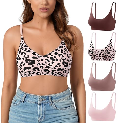 Image of DEANGELMON V Neck Bra Padded Seamless Adjustable Straps Bralettes Everyday Basic Sleeping Bras Multiple Pack