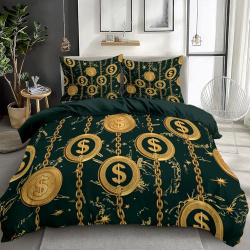 Dark Green Duvet Cover Twin Size 2 Pieces Luxury Gold Dollar Sign, Bedding Set Room Decor Bedspread for Kids Teens, Comforter Quilt Cover Bedding Set with Pillow Sham