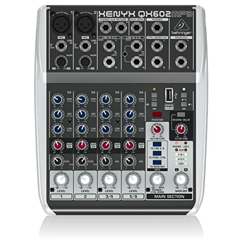 Behringer XENYX QX602MP3 Premium 6-Input 2-Bus Mixer with XENYX Mic Preamps, British EQ, MP3 Player and Multi-FX