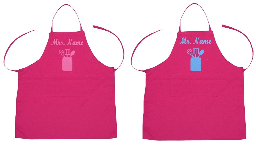 personnaliser Mr et Mrs Polyester de cuisine 2PC Tablier pour Adulte Couple, polyester & polyester mélangé, rose vif, Taille unique