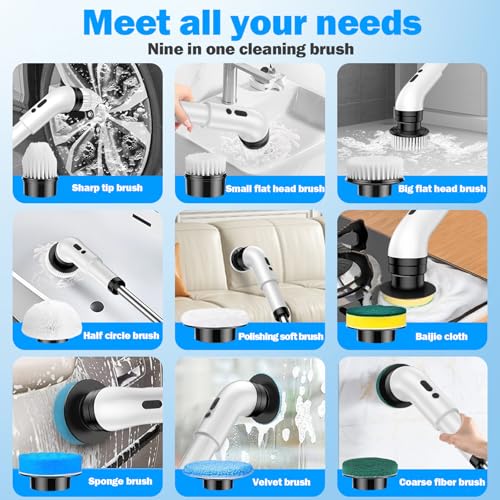 Image of Electric Spin Scrubber, IPX7 Waterproof Floor Shower Scrubber with 9 Replaceable Brush Heads, 3 Speeds Cordless Bathroom Scrubber with Adjustable Handle for Bathroom, Tub, Tile, Floor, Kitchen