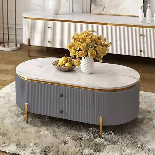 Image of Tesla Centre Table, White Marble Top with Gold Trim, Oval Modern Coffee Table with 2 Drawer Storage, Waterproof Plywood Base, PVD Metal Legs, for Living Room (Grey)