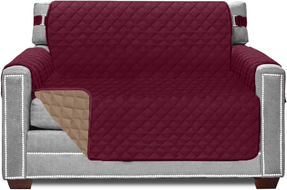 Sofa Shield Original Patent Pending Reversible Chair Protector for Seat Width up to 48 Inch, Furniture Slipcover, 2 Inch Strap, Chairs Slip Cover Throw for Pets, Kids, Cats, Armchair, Burgundy Tan