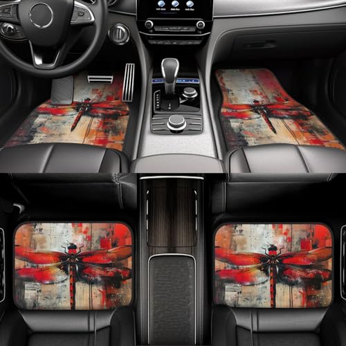 Tapis de sol voiture libellule rouge abstrait ensemble tapis auto 4pcs