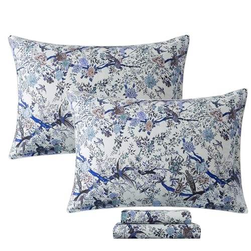 Image of FADFAY Sheets Set King Botanical Bird Floral Bed Sheets Set Vintage Blue Farmhouse Bedding Shabby Branches Bedding Collections 100% Egyptian Cotton Breathable Soft 17.7 inch Deep Pocket 4Pcs, King Size