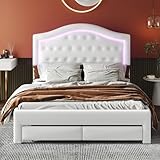 Harper & Bright Designs Queen Bed Frame with Storage & LED Headboard, Upholstered Queen Platform Bed with Drawer, Modern Faux Leather Princess Beds with Light for Girls Boys Teens, White