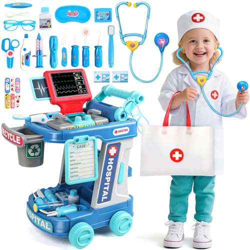 Image of Doctor Kit for Toddlers 3-5 Dress Up Toys for 2 3 Year Old Girls Toddler Doctor Play Set with Cart and Doctor Costume Stethoscope Dentist Vet Kids Pretend Play Girls Toys for 2 3 4 5 6 Gift