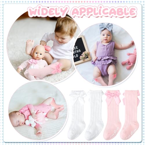 Jspupifip 4 Pairs Baby Girls Knee High Socks Newborn Girl Bow Ruffle Long Infant Non-Slip Socks4