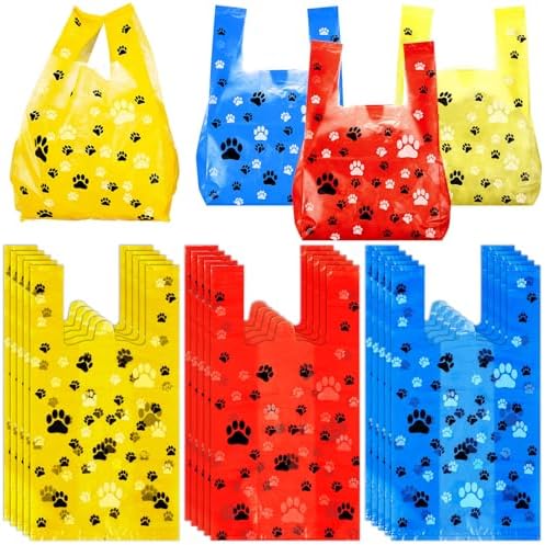 Outus 50 Pcs Paw Dog Print Gift Bags Bulk T Shirt Treat Candy Goodie Bag for Paw Cat Dog Birthday Party Supplies, 7.6x14x4.8 (Red, Yellow, Blue)