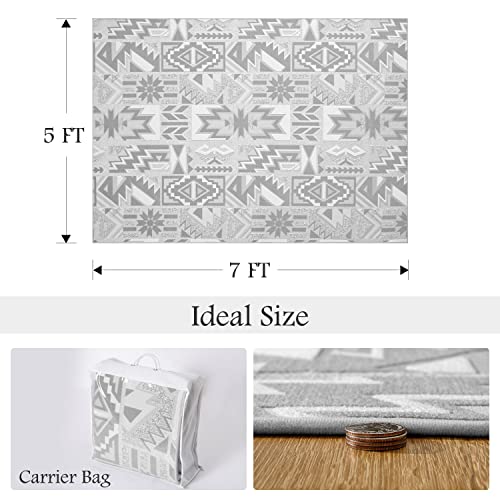 Area Rug 5X7 Feet-Southwestern Moroccan Aztec Tribal Rug Carpet-Boho Rugs For Living Room Bedroom-Machine Washable Non Slip 3D Woven-Neutral Grey #TOP1