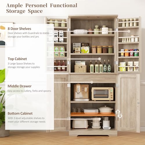 Image of Shintenchi Kitchen Pantry Cabinet, Freestanding Farmhouse Storage Cabinet with 8 Door Shelves, 2 Cabinets and 1 Drawer, Tall Cupboard for Kitchen, Living Room, Dining Room and Bathroom, Ash Gray