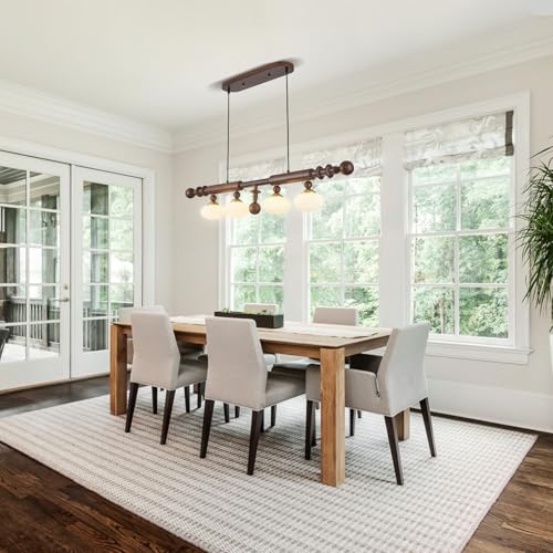 Image of Wood and Globe Linear Chandelier Wooden Farmhouse Dining Room Light Fixture Rustic 4-Light Linear Kitchen Island Lighting Mid Century Modern Globe Hanging Pendant Light with Milk Glass Lampshade