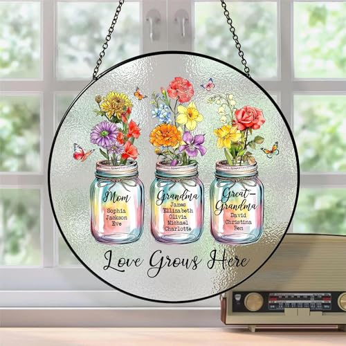 Customized Grandma Stained Glass Suncatcher Window Hangings, Grandmas Gift, Birth Flower Stained Glass suncatcher, for Grandma, Grandmas Garden Suncatchers,Gifts for Mom