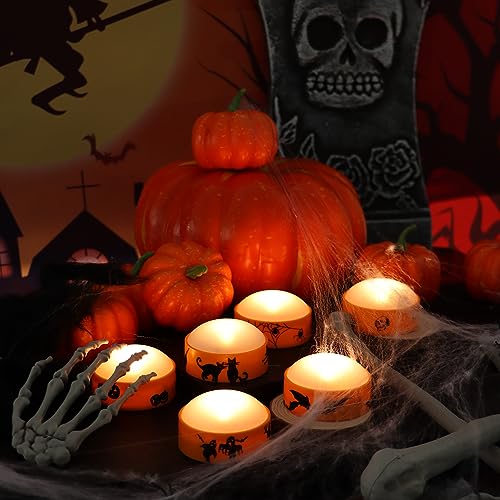 Image of 12 Halloween Battery LED Jack-O-Lantern Pumpkin Lights with Remote Decals | CANDLE CHOICE Battery Operated Flameless Candles with Remote and Timer for Halloween Pumpkin Decoration Orange Color 12 Pack