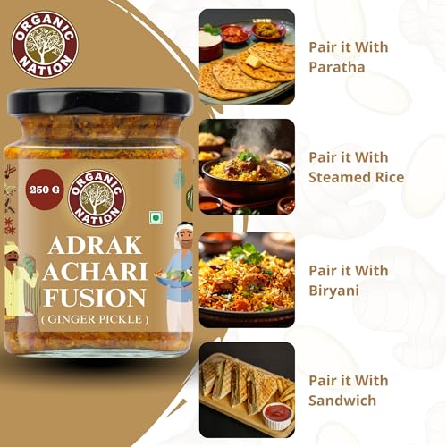 Image of ORGANIC NATION Zesty Adrak Achari Fusion Ginger Pickle - Homestyle Indian Pickle with Authentic Flavor, Perfectly Mixed for a Tangy Delight, 250g, No Preservatives Natural Golden Hue
