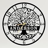 TNATUR Personalized Family Tree of Life Metal Wall Clock - Custom Last Name Engraved Wall Art, Custom Metal Clock，Large Modern Home Decor for Housewarming, Wedding