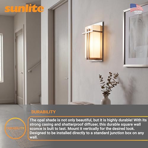 Image of Sunlite 46091 Decorative Square Wall Sconce Light Fixture, A19 Bulb, E26 Socket, 60 Watts Max, Indoor, Opal Shade, Stainless Steel Frame, Bathrooms, Hallways & Entryways
